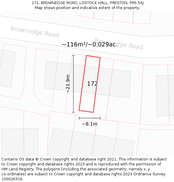 172, BROWNEDGE ROAD, LOSTOCK HALL, PRESTON, PR5 5AJ: Plot and title map