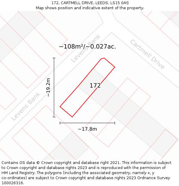 172, CARTMELL DRIVE, LEEDS, LS15 0AS: Plot and title map
