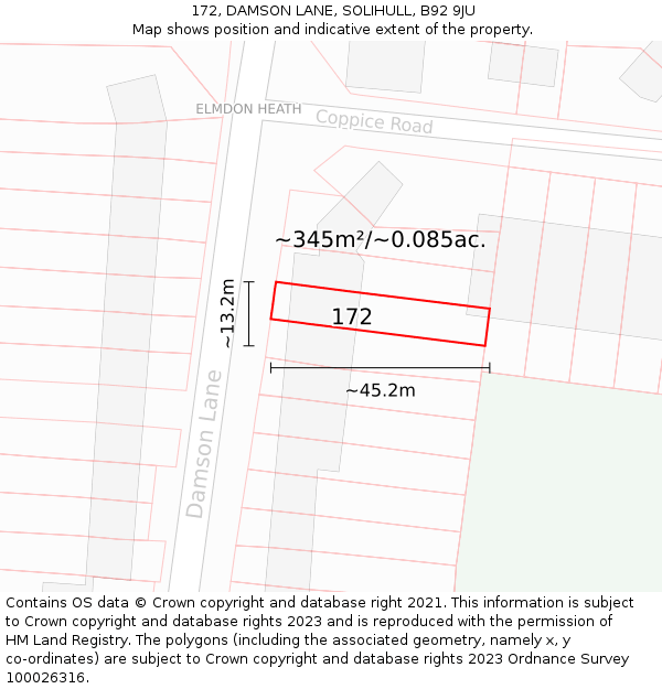 172, DAMSON LANE, SOLIHULL, B92 9JU: Plot and title map