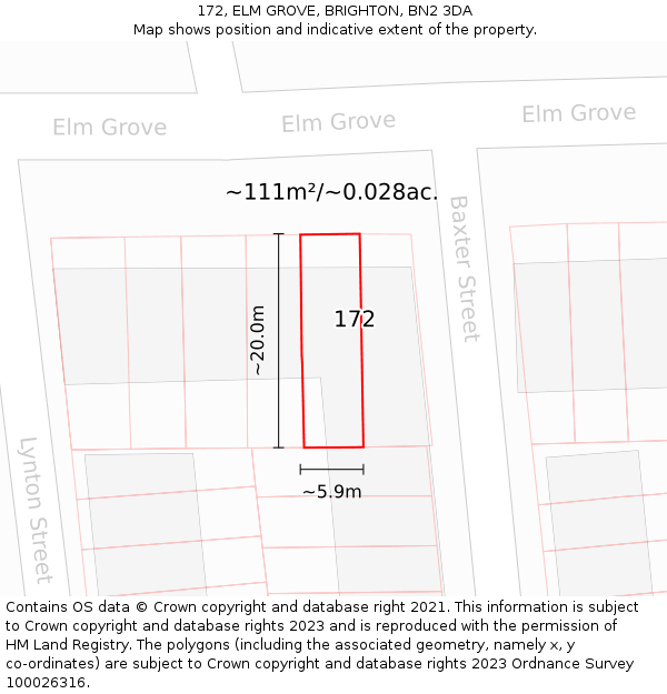 172, ELM GROVE, BRIGHTON, BN2 3DA: Plot and title map