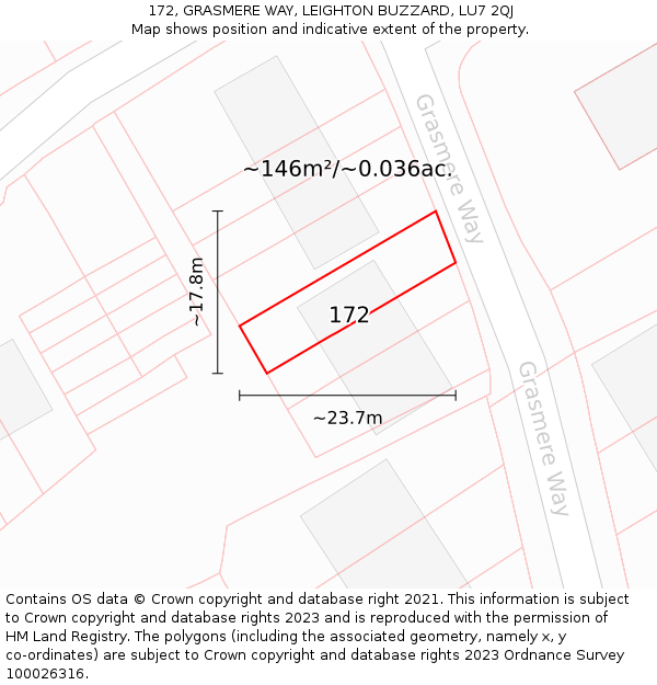 172, GRASMERE WAY, LEIGHTON BUZZARD, LU7 2QJ: Plot and title map