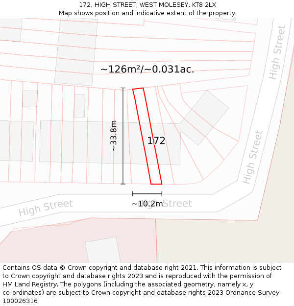 172, HIGH STREET, WEST MOLESEY, KT8 2LX: Plot and title map
