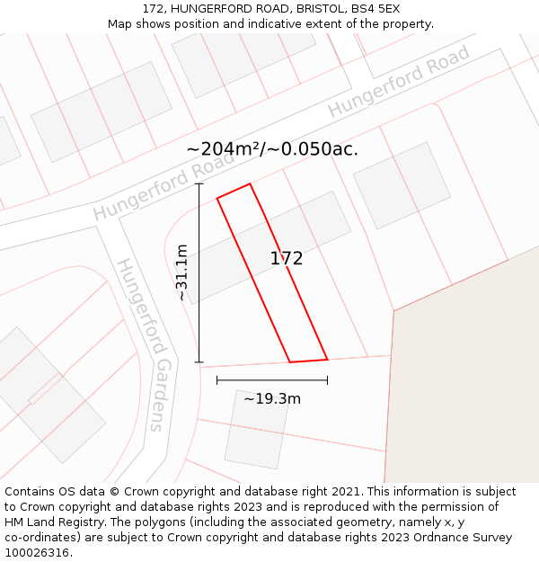 172, HUNGERFORD ROAD, BRISTOL, BS4 5EX: Plot and title map