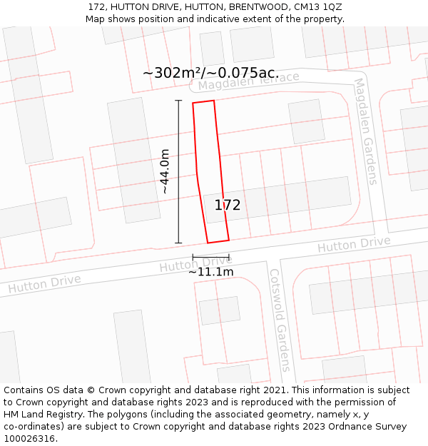 172, HUTTON DRIVE, HUTTON, BRENTWOOD, CM13 1QZ: Plot and title map