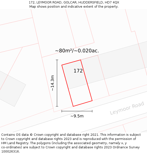 172, LEYMOOR ROAD, GOLCAR, HUDDERSFIELD, HD7 4QX: Plot and title map