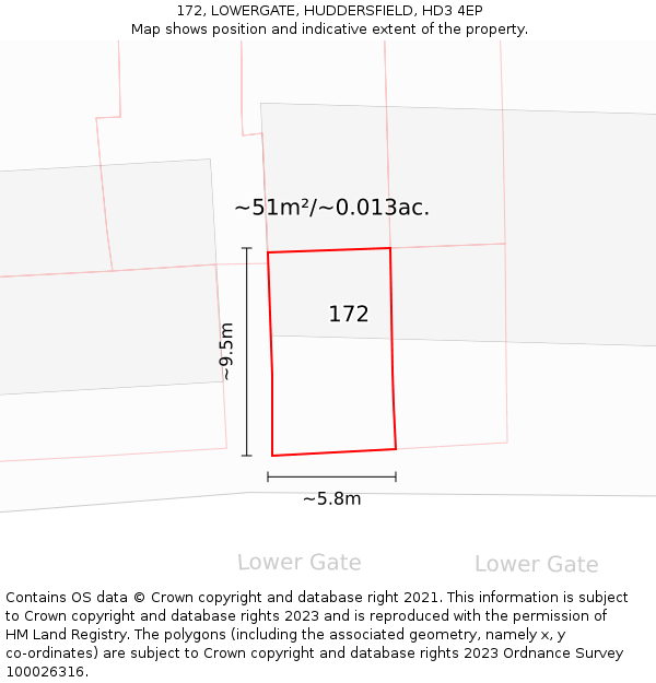 172, LOWERGATE, HUDDERSFIELD, HD3 4EP: Plot and title map