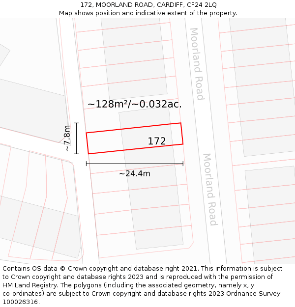 172, MOORLAND ROAD, CARDIFF, CF24 2LQ: Plot and title map