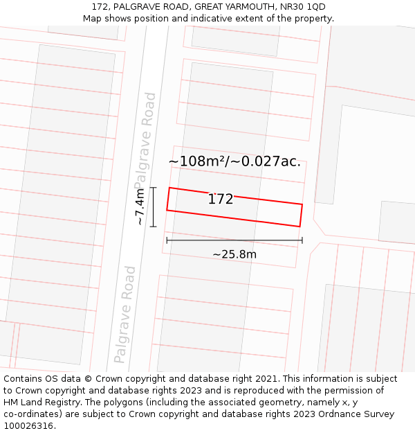 172, PALGRAVE ROAD, GREAT YARMOUTH, NR30 1QD: Plot and title map