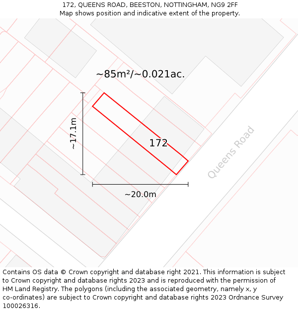 172, QUEENS ROAD, BEESTON, NOTTINGHAM, NG9 2FF: Plot and title map
