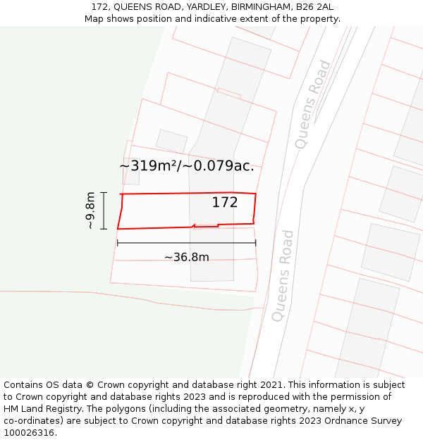 172, QUEENS ROAD, YARDLEY, BIRMINGHAM, B26 2AL: Plot and title map
