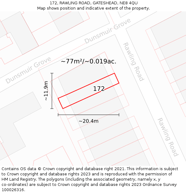 172, RAWLING ROAD, GATESHEAD, NE8 4QU: Plot and title map