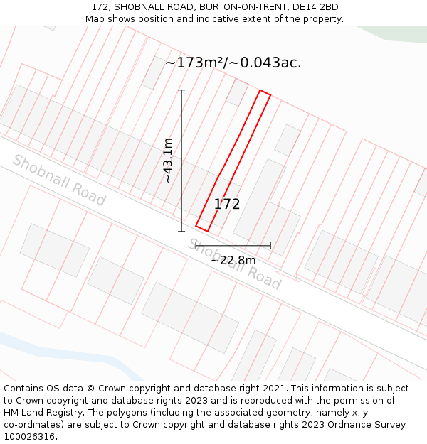 172, SHOBNALL ROAD, BURTON-ON-TRENT, DE14 2BD: Plot and title map