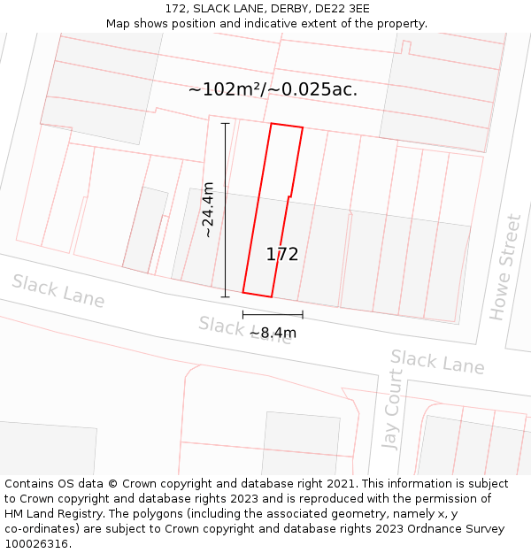 172, SLACK LANE, DERBY, DE22 3EE: Plot and title map