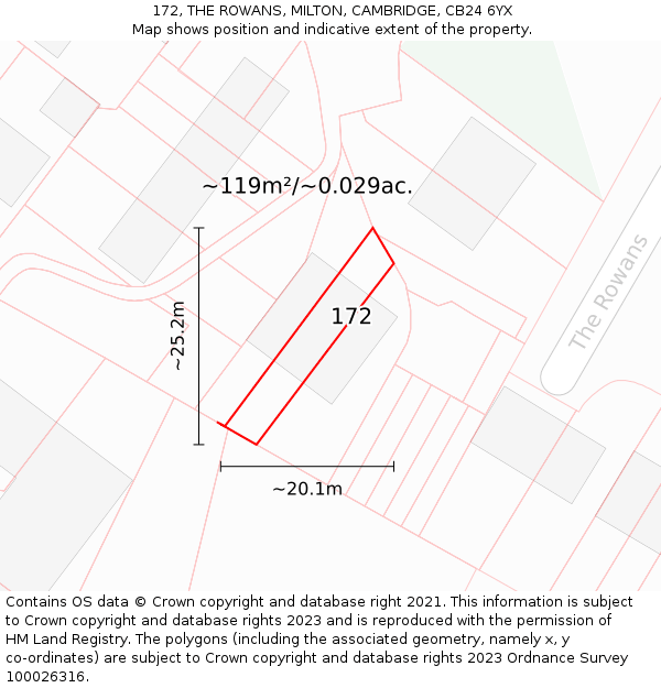 172, THE ROWANS, MILTON, CAMBRIDGE, CB24 6YX: Plot and title map