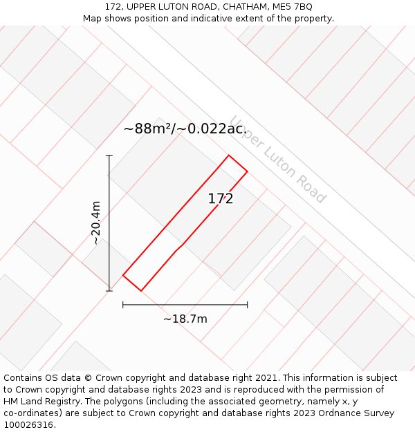 172, UPPER LUTON ROAD, CHATHAM, ME5 7BQ: Plot and title map