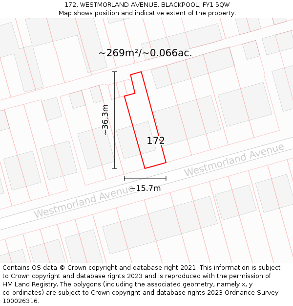 172, WESTMORLAND AVENUE, BLACKPOOL, FY1 5QW: Plot and title map