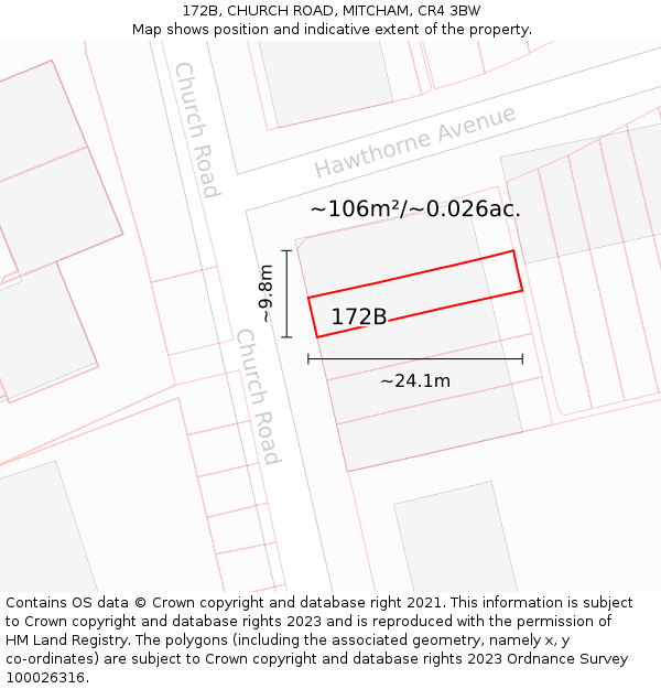 172B, CHURCH ROAD, MITCHAM, CR4 3BW: Plot and title map