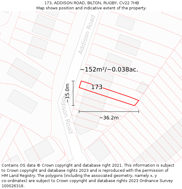 173, ADDISON ROAD, BILTON, RUGBY, CV22 7HB: Plot and title map