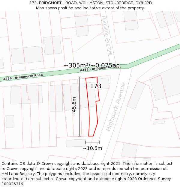 173, BRIDGNORTH ROAD, WOLLASTON, STOURBRIDGE, DY8 3PB: Plot and title map