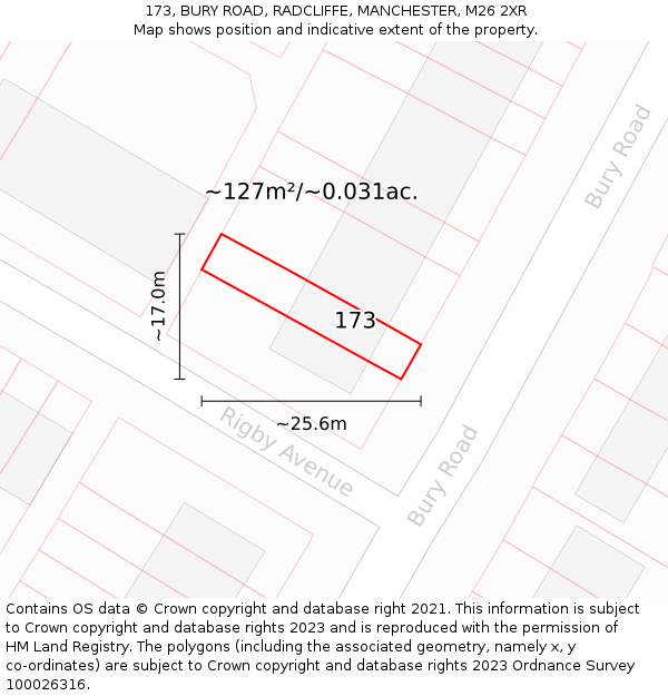 173, BURY ROAD, RADCLIFFE, MANCHESTER, M26 2XR: Plot and title map