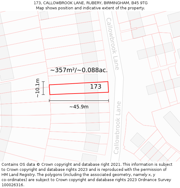 173, CALLOWBROOK LANE, RUBERY, BIRMINGHAM, B45 9TG: Plot and title map
