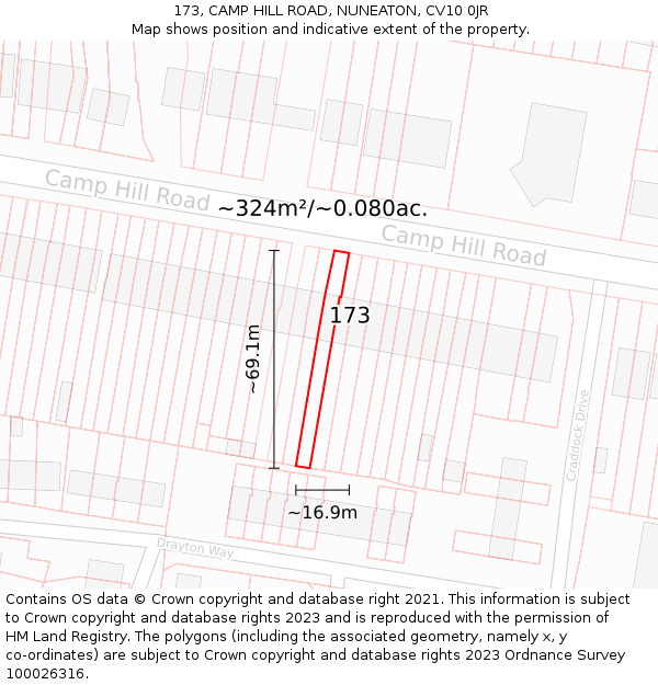 173, CAMP HILL ROAD, NUNEATON, CV10 0JR: Plot and title map