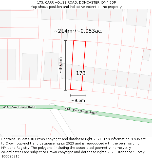 173, CARR HOUSE ROAD, DONCASTER, DN4 5DP: Plot and title map