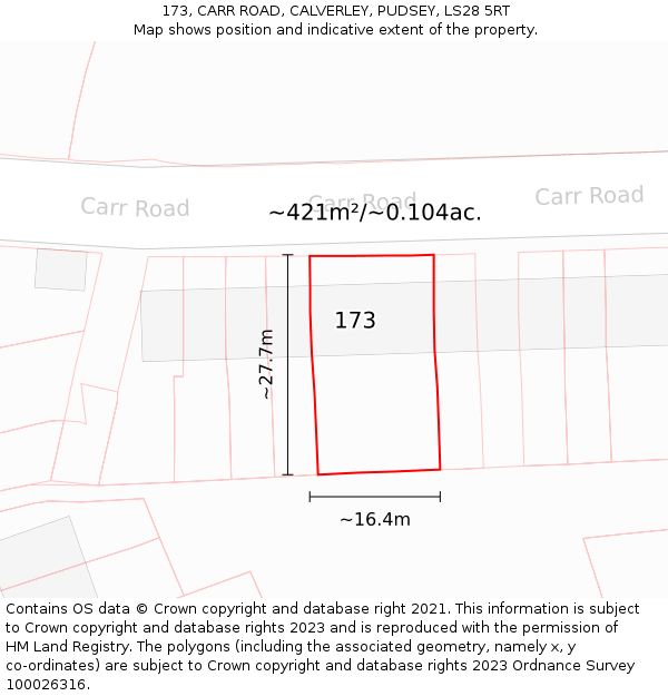 173, CARR ROAD, CALVERLEY, PUDSEY, LS28 5RT: Plot and title map