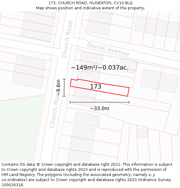 173, CHURCH ROAD, NUNEATON, CV10 8LQ: Plot and title map