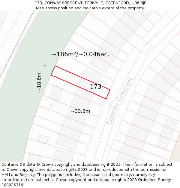 173, CONWAY CRESCENT, PERIVALE, GREENFORD, UB6 8JE: Plot and title map