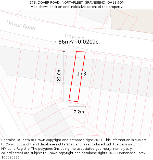 173, DOVER ROAD, NORTHFLEET, GRAVESEND, DA11 9QN: Plot and title map