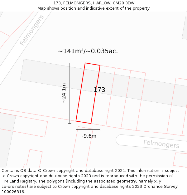 173, FELMONGERS, HARLOW, CM20 3DW: Plot and title map
