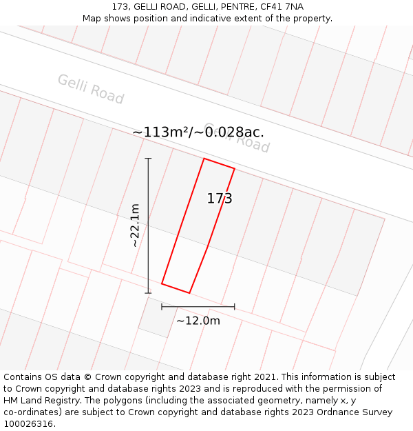 173, GELLI ROAD, GELLI, PENTRE, CF41 7NA: Plot and title map