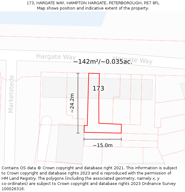 173, HARGATE WAY, HAMPTON HARGATE, PETERBOROUGH, PE7 8FL: Plot and title map