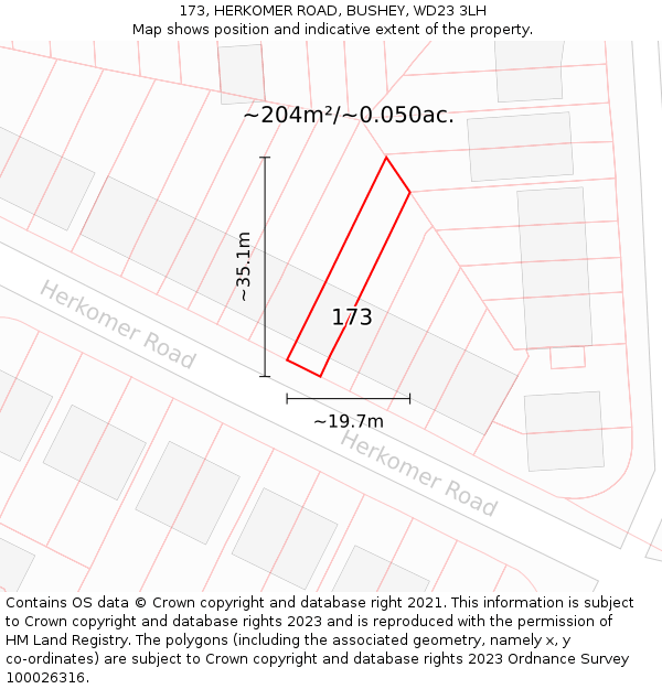 173, HERKOMER ROAD, BUSHEY, WD23 3LH: Plot and title map
