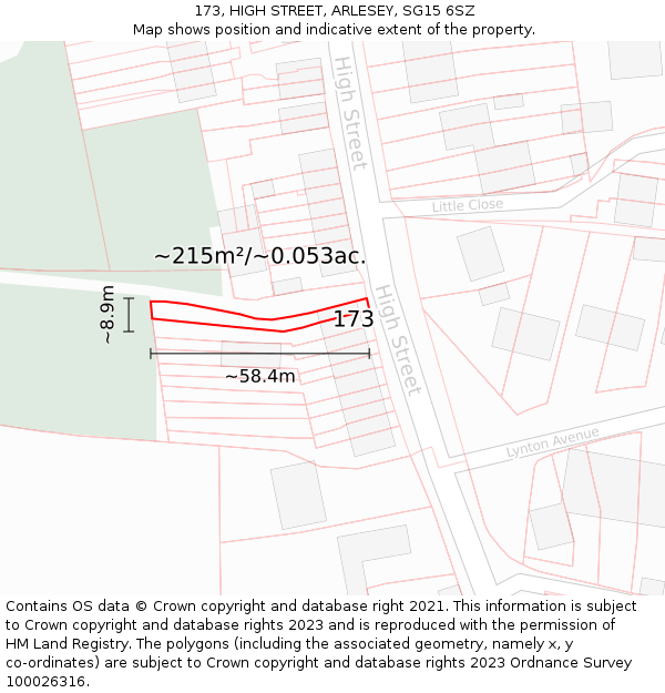 173, HIGH STREET, ARLESEY, SG15 6SZ: Plot and title map