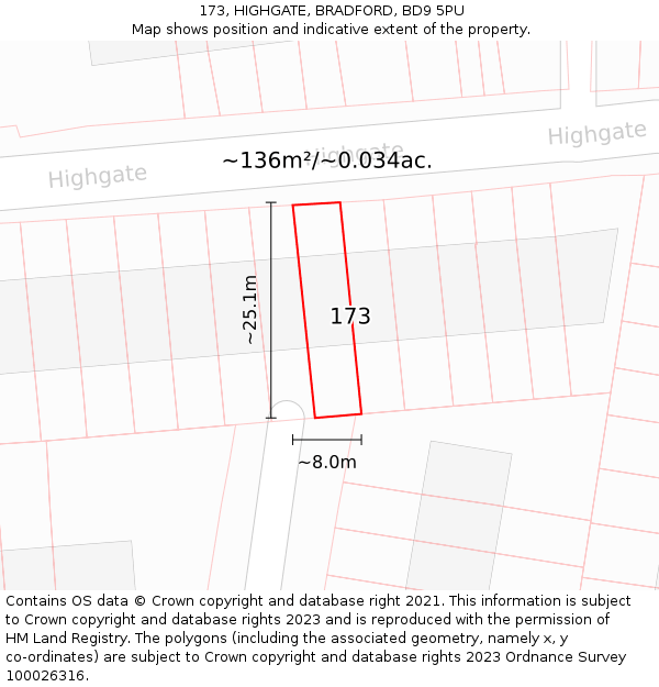 173, HIGHGATE, BRADFORD, BD9 5PU: Plot and title map