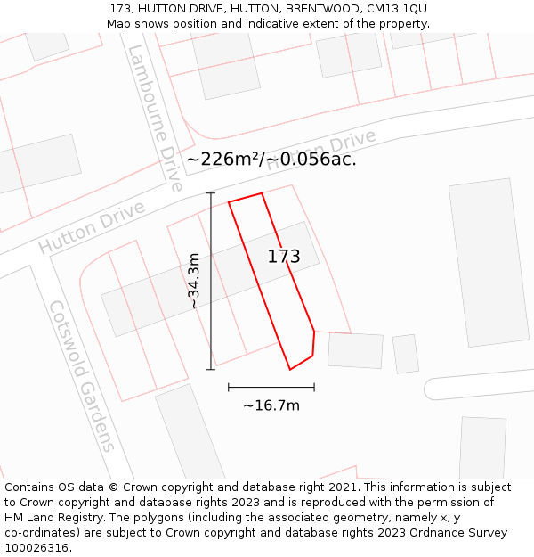 173, HUTTON DRIVE, HUTTON, BRENTWOOD, CM13 1QU: Plot and title map