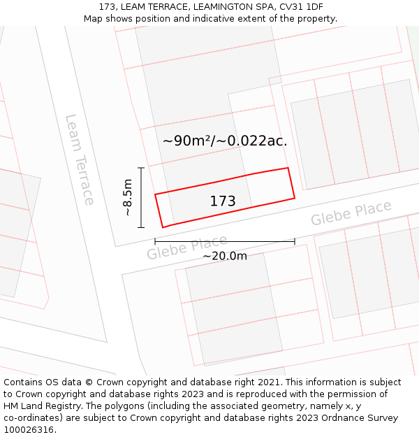 173, LEAM TERRACE, LEAMINGTON SPA, CV31 1DF: Plot and title map