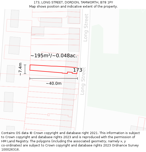 173, LONG STREET, DORDON, TAMWORTH, B78 1PY: Plot and title map