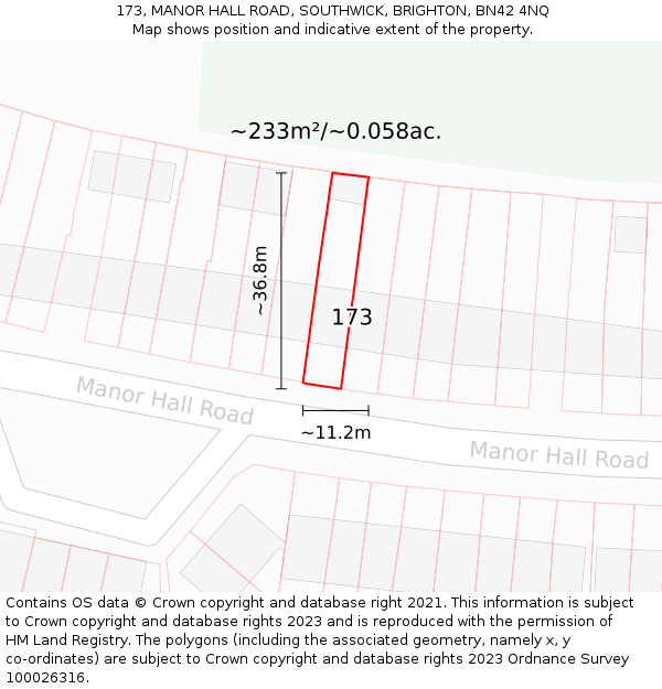 173, MANOR HALL ROAD, SOUTHWICK, BRIGHTON, BN42 4NQ: Plot and title map