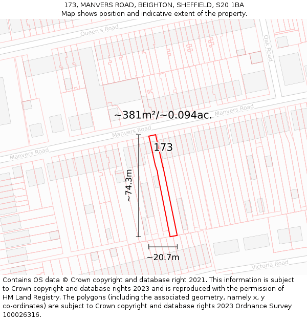 173, MANVERS ROAD, BEIGHTON, SHEFFIELD, S20 1BA: Plot and title map