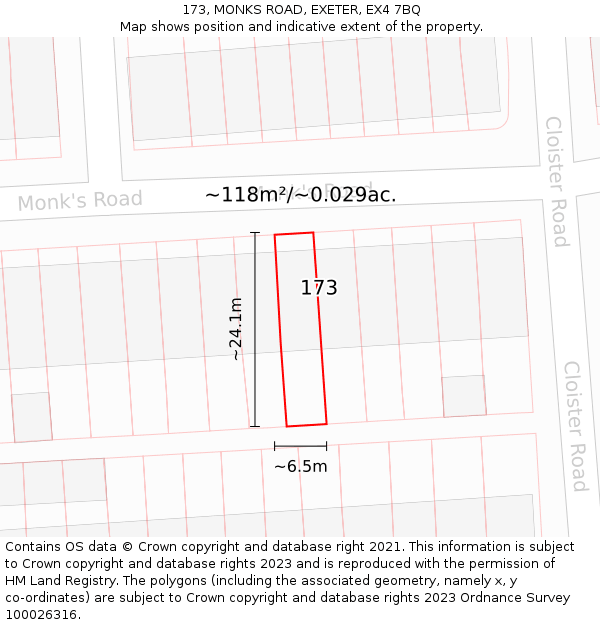 173, MONKS ROAD, EXETER, EX4 7BQ: Plot and title map