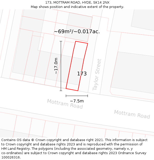 173, MOTTRAM ROAD, HYDE, SK14 2NX: Plot and title map