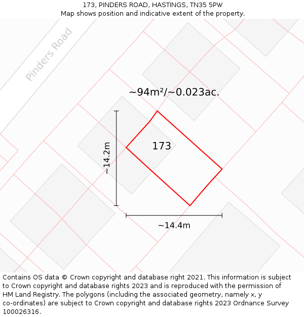 173, PINDERS ROAD, HASTINGS, TN35 5PW: Plot and title map