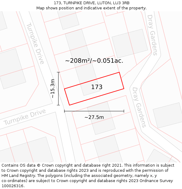 173, TURNPIKE DRIVE, LUTON, LU3 3RB: Plot and title map