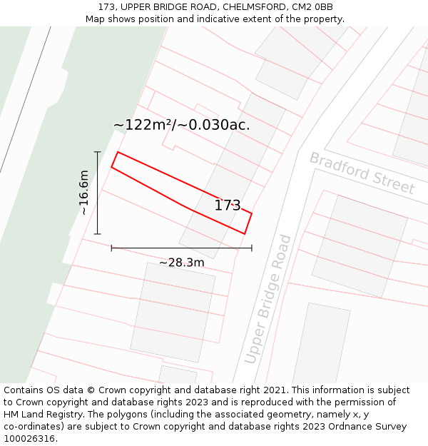173, UPPER BRIDGE ROAD, CHELMSFORD, CM2 0BB: Plot and title map