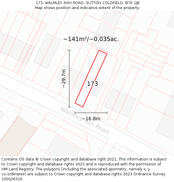 173, WALMLEY ASH ROAD, SUTTON COLDFIELD, B76 1JB: Plot and title map