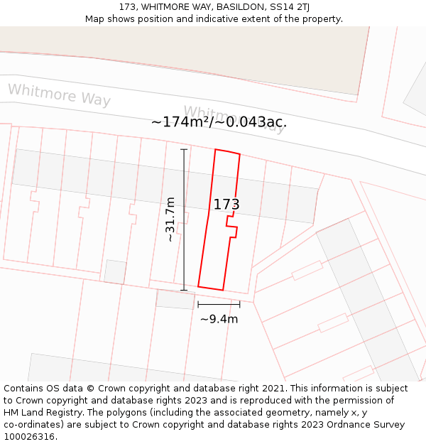173, WHITMORE WAY, BASILDON, SS14 2TJ: Plot and title map