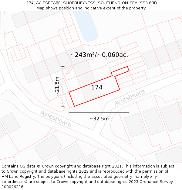 174, AYLESBEARE, SHOEBURYNESS, SOUTHEND-ON-SEA, SS3 8BB: Plot and title map